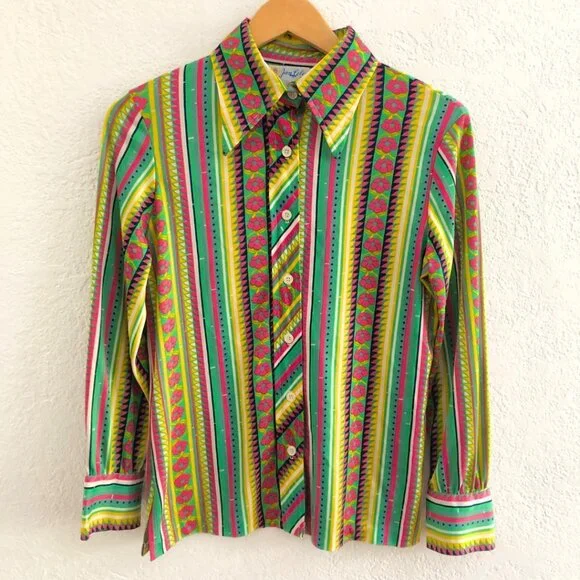 Vintage 70s Psychedelic Floral Dagger Collar Nylon Disco Shirt Blouse Top Medium - Picture 5 of 15